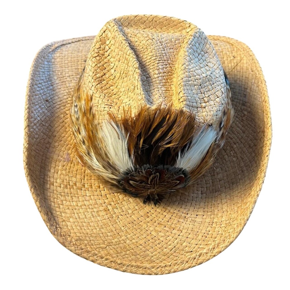 Vintage Shady Brady Straw Cowboy Hat Small Feather Band Raffia Western Americana